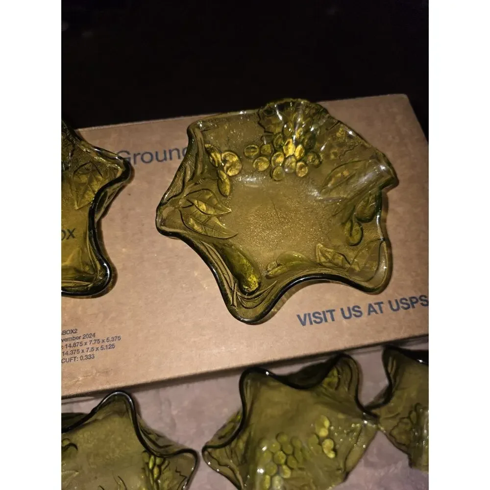 Rare Hazel Atlas Fruits Green Glass Bowls Set 5 Grapes Pears Vintage MCM USA